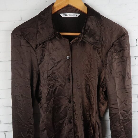 ZARA BROWN LONG SLEEVE BUTTON DOWN FITTED WRINKLED TOP SIZE MEDIUM NWOT - Picture 5 of 8
